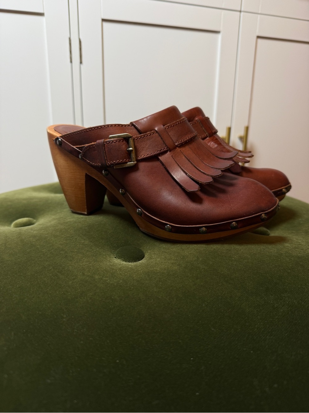 Brown Leather Kiltie Clog Mules with Buckle Detail